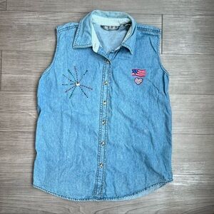 00s Denim Sleeveless 4th of July 2000 Button Up Shirt Embroidered Size M